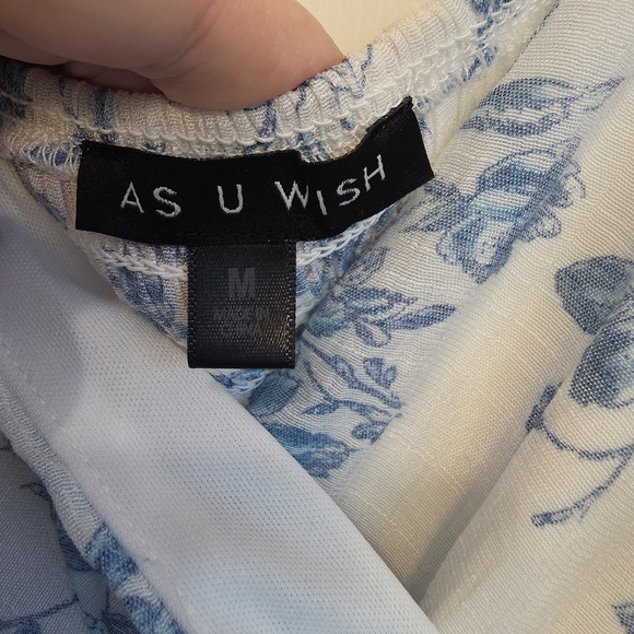 As U Wish Blue & White Floral Toile Mini Dress - Smocked Back - Size Medium - Picture 5 of 8